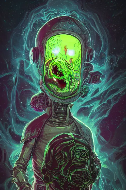 Prompt: rick and morty fused with lovecraft and vader helmet and the blob and space pirate zombie, realistic portrait, high details, intricate details, by vincent di fate, artgerm julie bell beeple, 90s, Smooth gradients, octane render, 8k, volumetric lightning, photo, High contrast, duo tone, depth of field, very coherent symmetrical artwork