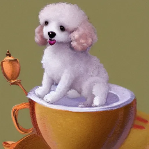 Image similar to Concept art of cute poodle sitting inside a tea cup