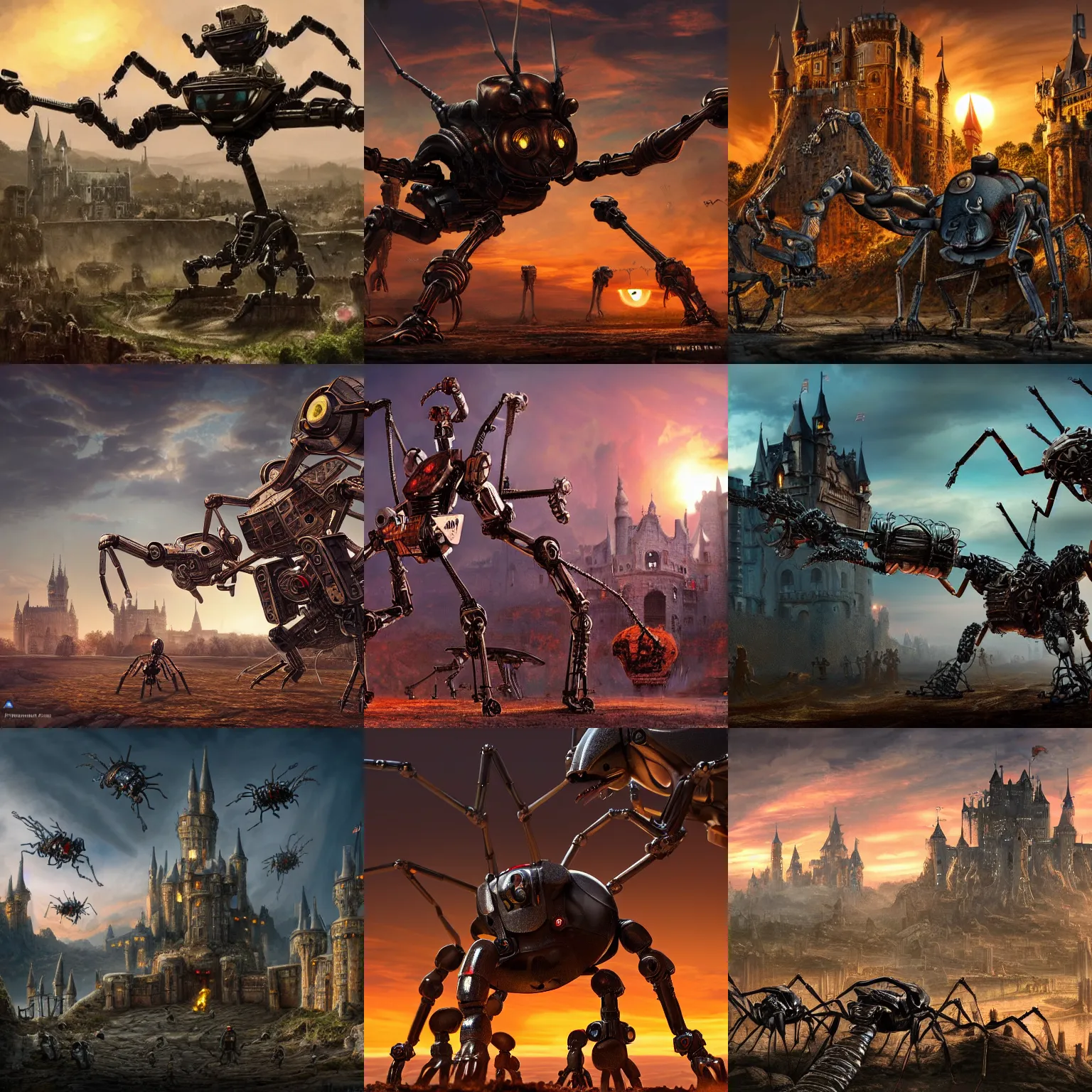 Prompt: giant metal robotic ants are attacking a castle, the ants are menacing, dystopian, sunset in the background, baroque, gothic, surreal + highly detailed, intricate complexity, epic composition, award winning, trending on artstation, 4 k