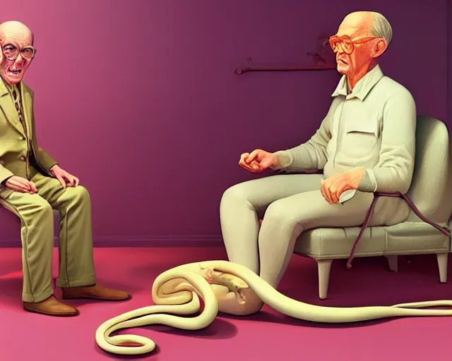 Image similar to the famous snake oil salesman Uncle Aloysius curing a patient of the pink wojacity, painting by Grant Wood, 3D rendering by Beeple, sketch by R. Crumb