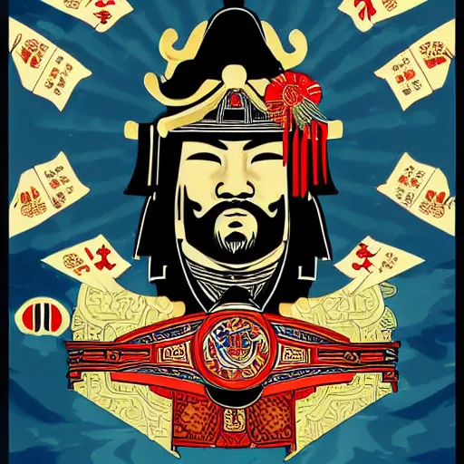 Prompt: an epic detailed political poster of a Japanese samurai in a temple, with Japanese text, in the style of a playing card, high quality, 4k, by Shepard Fairey