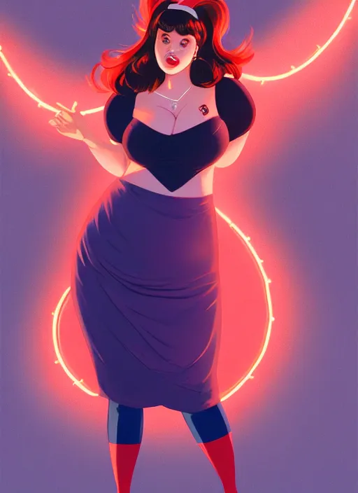 Image similar to full body portrait of teenage veronica lodge, obese, bangs, sultry, realistic, sultry smirk, wavy hair, red skirt, fat, belly, intricate, elegant, glowing lights, highly detailed, digital painting, artstation, concept art, smooth, sharp focus, illustration, art by wlop, mars ravelo and greg rutkowski