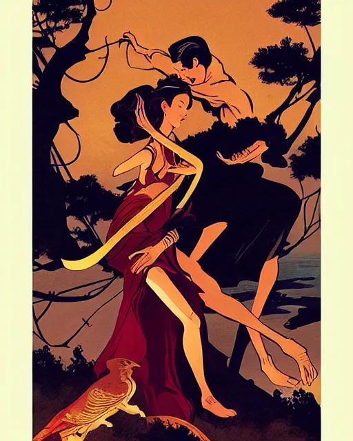 Prompt: the lovers tarot card, beautiful, cinematic, dramatic, super detailed and intricate, by koson ohara, by darwyn cooke, by greg rutkowski, by satoshi kon