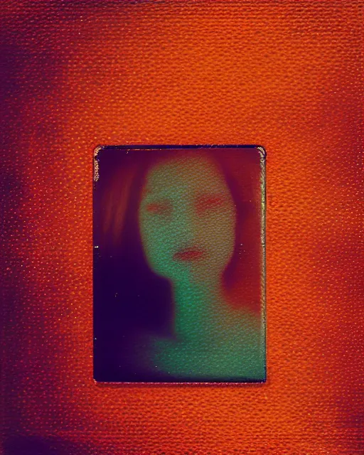 Prompt: a woman's face in the water, serene emotion, new polaroid, glitchy patterns, hazy, red, orange, yellow, soft lighting