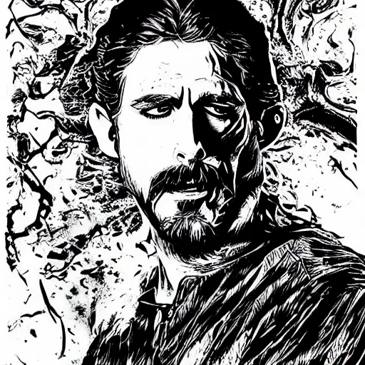 Image similar to black and white pen and ink!!!! rugged royal! golden dawn goetic Frank Zappa x Ryan Gosling golden!!!! Vagabond!!!! floating magic swordsman!!!! glides through a beautiful!!!!!!! battlefield dramatic esoteric!!!!!! pen and ink!!!!! illustrated in high detail!!!!!!!! by Junji Ito and Hiroya Oku!!!!!!!!! graphic novel published on 2049 award winning!!!! full body portrait!!!!! action exposition manga panel black and white Shonen Jump issue by David Lynch and Frank Miller beautiful line art Hirohiko Araki-s 150