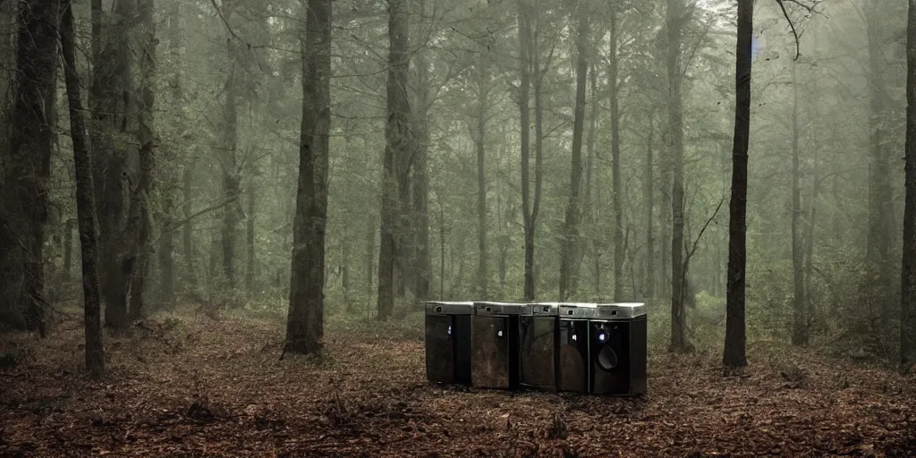 Prompt: washing machine in a forest shot by david fincher