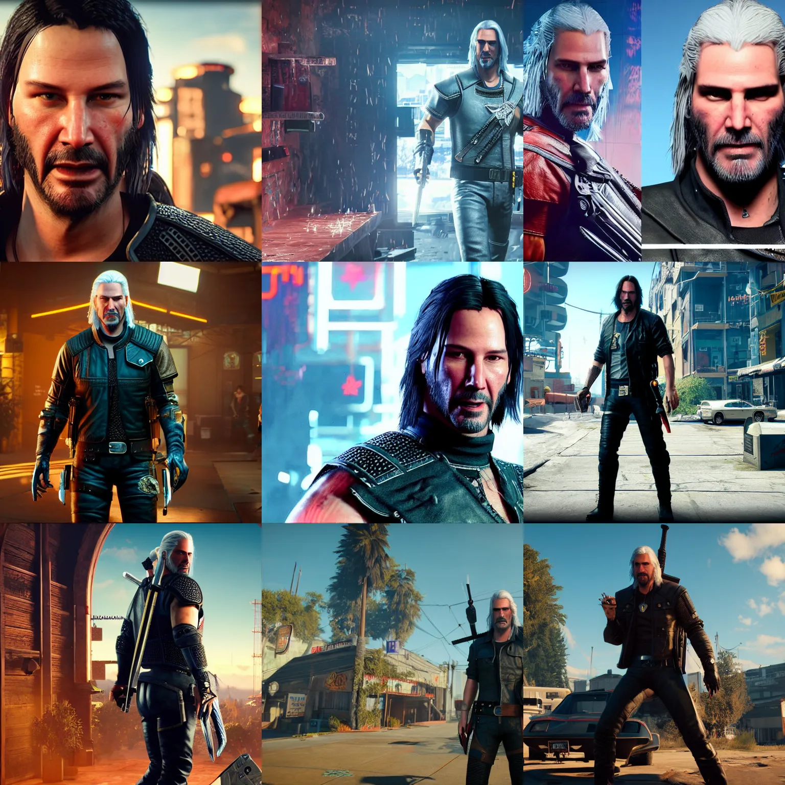 Prompt: keanu reeves as geralt of rivia, in the style of johnny silverhand from cyberpunk 2 0 7 7, unreal engine 5, 8 k, sharp and detailed