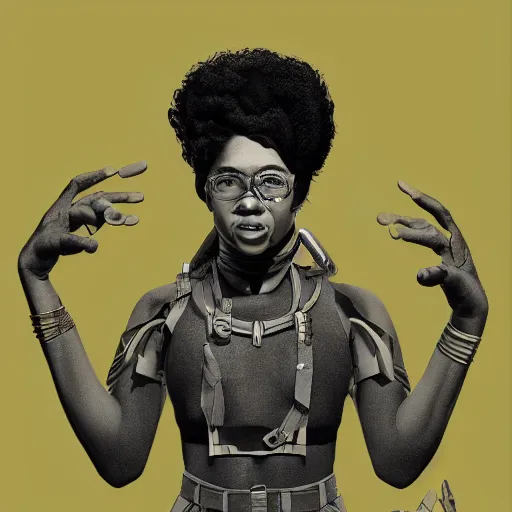 Image similar to incredibly detailed picture of revolutionary tarika lewis black panther, powerful stance, 7 0's protest movement aesthetic, cmyk, by philip bond, vray render, fineline detail, cinematic quality