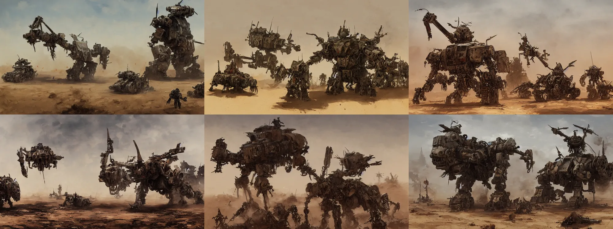 Prompt: dead group of musketmen with destroyed dieselpunk mech walker in a desert, papyrus, watercolored, jakub rozalski, dark colours, dieselpunk, artstation