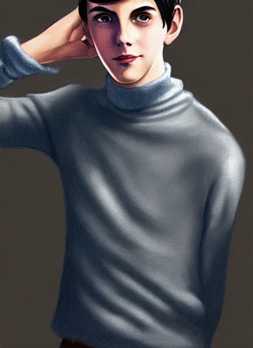 Image similar to portrait of teenage jughead jones wearing a light grey crown, crown, blue turtleneck, 1 9 5 0 s, closed eyes, photorealistic, black hair, glowing lighting, intricate, elegant, glowing lights, highly detailed, digital painting, artstation, concept art, smooth, sharp focus, illustration, art by wlop, mars ravelo and greg rutkowski