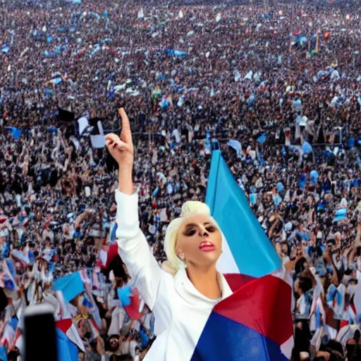 Image similar to Lady Gaga as president, Argentina presidential rally, Argentine flags behind, bokeh, giving a speech, detailed face, Argentina