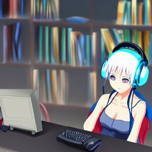 Image similar to anime girl with white hair and blue eyes, wearing cat ear headphones, sitting at desk at keyboard, programming, pixiv, anime