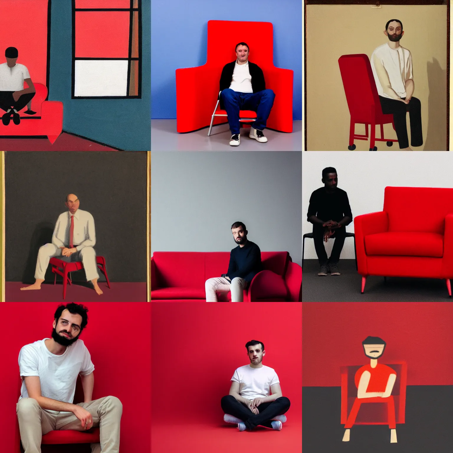 Prompt: a man sitting on the red chair, white background