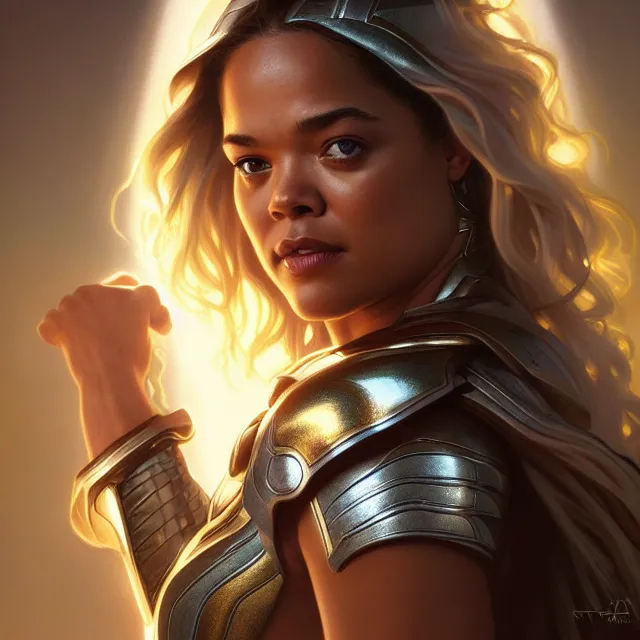 Image similar to close up portrait of tessa thompson as thor wearing shiny silver armor, glowing hair, glowing light armor, subsurface scattering, ethereal, artistic, temple background with light rays, fantasy atmosphere. art by artgerm, greg rutkowski and alphonse mucha, 3 d artstation octane render,