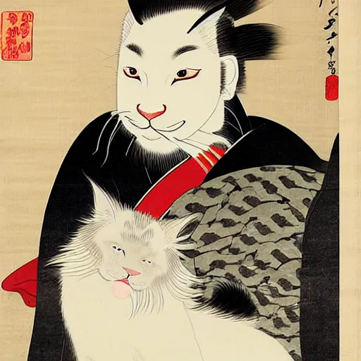 Image similar to beautiful portrait ukiyo - e painting of an ginger maine coon with white beard by kano hideyori, kano tan'yu, kaigetsudo ando, miyagawa choshun, okumura masanobu, kitagawa utamaro