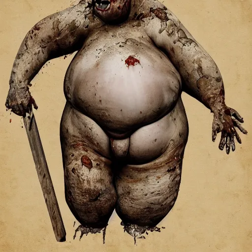 Prompt: an obese rotting humanoid corpse holding a meathook and grinning, high detail, trending on artstation