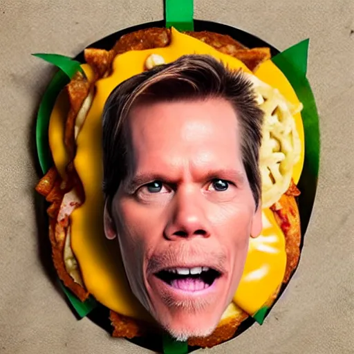 Image similar to kevin bacon face wrapped inside a cheeseburger