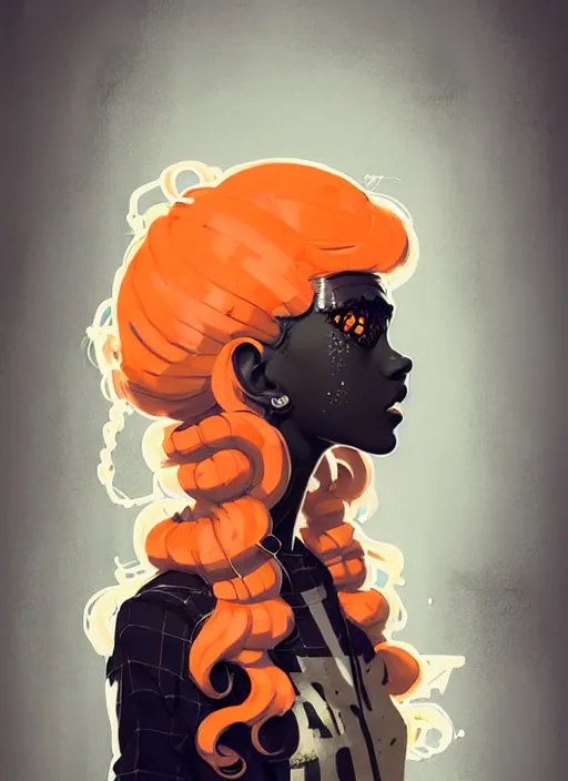 Image similar to highly detailed portrait of a sewer punk lady, tartan hoody, blonde ringlet hair by atey ghailan, by greg rutkowski, by greg tocchini, by james gilleard, by joe fenton, by kaethe butcher, gradient orange, black, cream and white color scheme, grunge aesthetic!!! ( ( graffiti tag wall background ) )