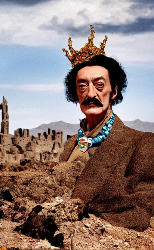 Prompt: salvador dali wearing a crown with jewels in a dry rocky desert landscape, visible sky and sunny atmosphere, alien city ruins in the background, film still from the movie by alejandro jodorowsky with cinematogrophy of christopher doyle and art direction by hans giger, anamorphic lens, kodakchrome, very detailed photo, 8 k