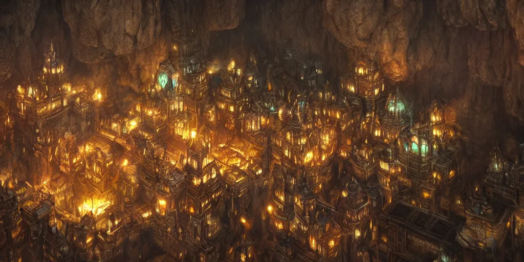 Image similar to A shining dwarven city in a dark, rainy and gloomy cavern, fantasy digital art, octane render, beautiful composition, trending on artstation, award-winning photograph, masterpiece