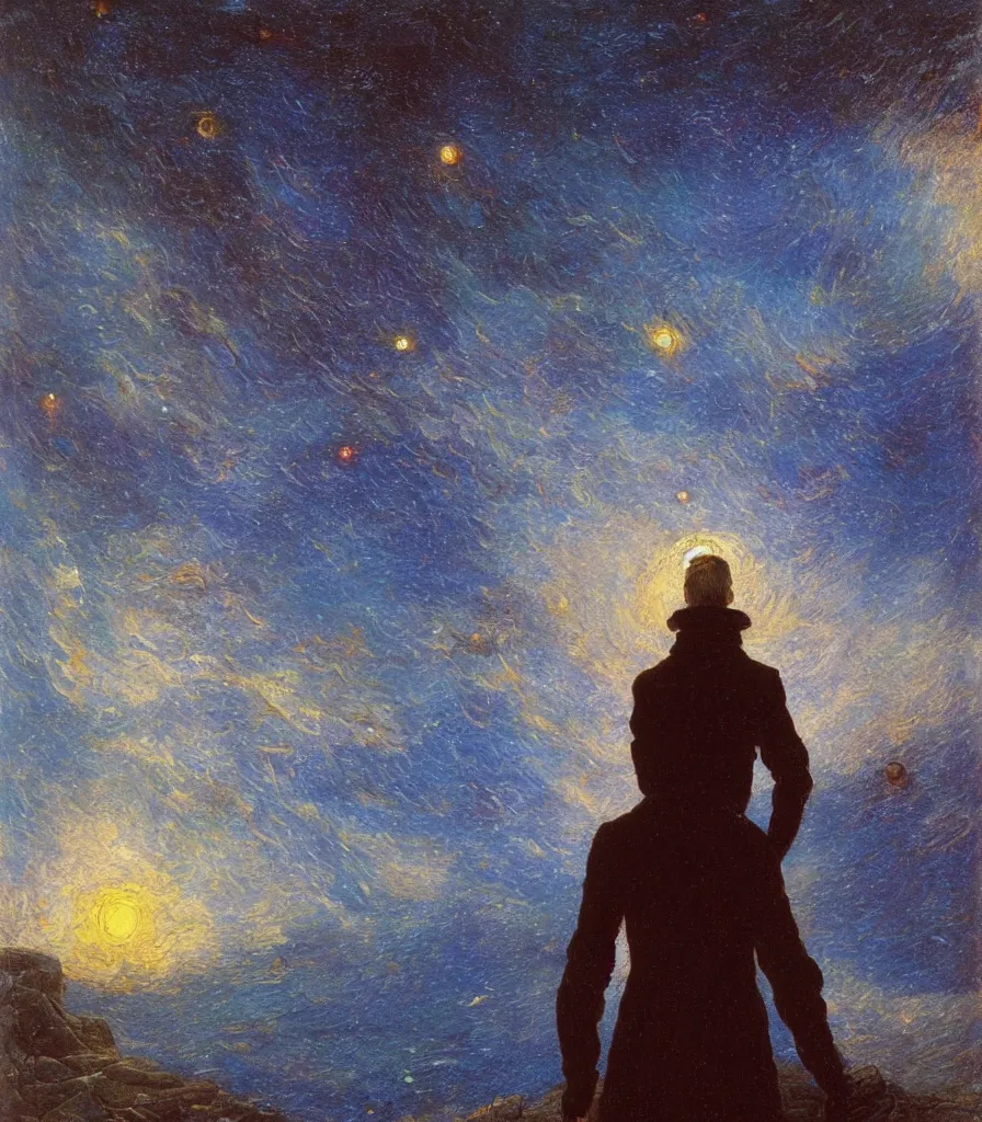 Image similar to an impasto oil painting of a futuristic wanderer gazing into a the universe painted by caspar david friedrich, light colors, starts, galaxy, impressionism