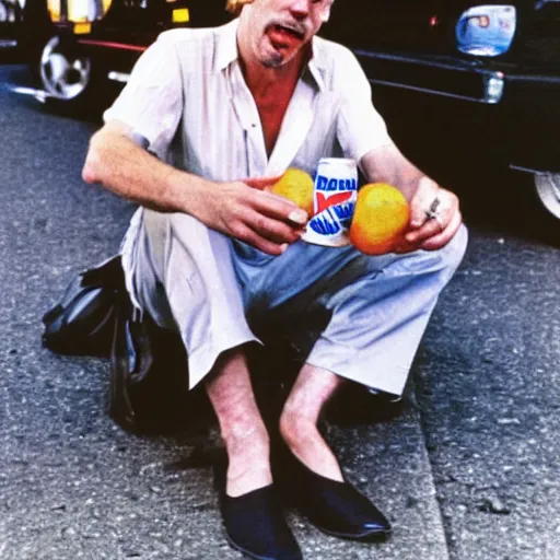 Image similar to hugh hopper on a street corner eating sipping diet pepsi, oranges at his feet