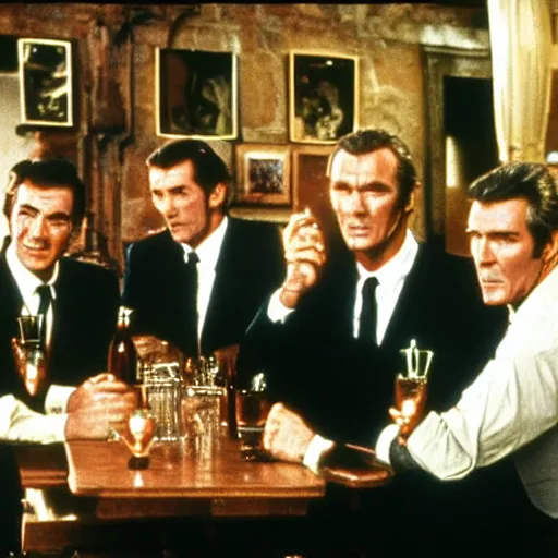 Image similar to Pierce Brosnan, Sean Connery, Daniel Craig, Roger Moore, Timothy Dalton and George Lazenby sitting in an Irish pub drinking beers and laughing