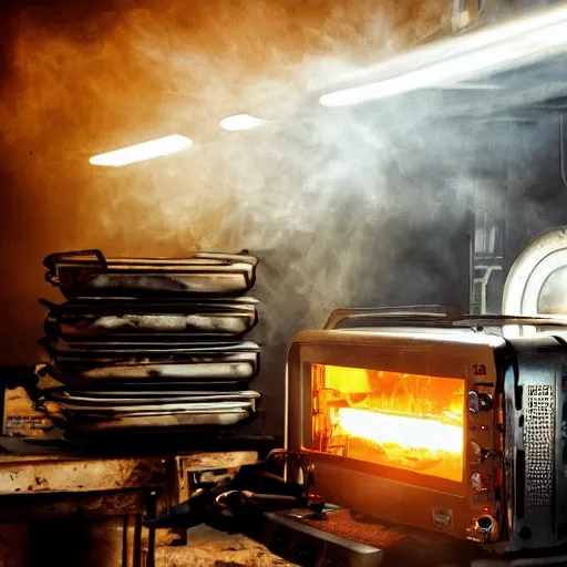 Image similar to cyborg toaster oven repairman, dark messy smoke - filled cluttered workshop, dark, dramatic lighting, orange tint, sparks, plasma rays, cinematic, highly detailed, sci - fi, futuristic, movie still