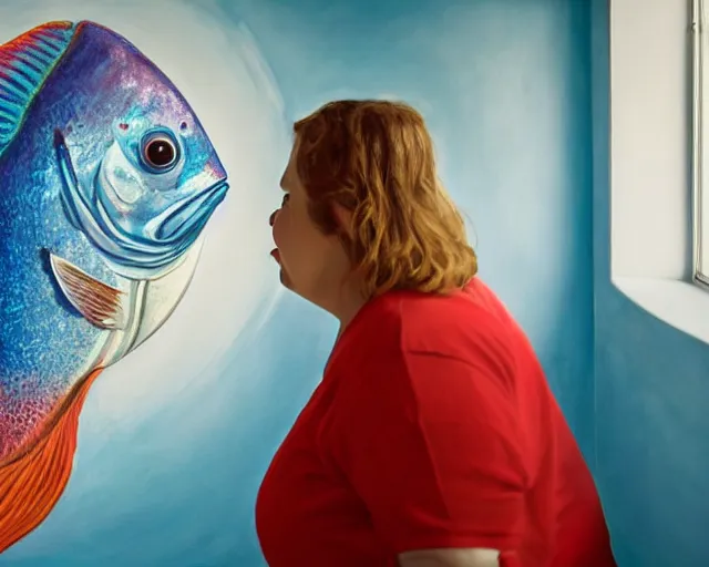 Image similar to an innocent and beautiful scene in hyper realistic style, about an fat old woman painting a huge colorful fish on the wall, lighting from the barred window. shadows. 4 k. wide angle. wild mood. red mouth, blue eyes. deep focus, lovely scene. ambient occlusion render. unreal engine.