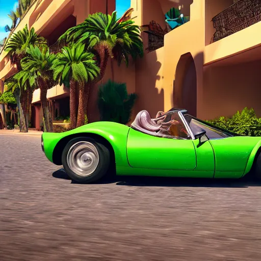 Image similar to side photo of a kermit the frog driving a mercedes in marrakech, morocco, palm trees, 8 k, octane render, hyperdetailed, illustration, digital painting, oil painting