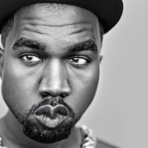 Image similar to the face of young kanye west wearing yeezy clothing at 3 2 years old, black and white portrait by julia cameron, chiaroscuro lighting, shallow depth of field, 8 0 mm, f 1. 8