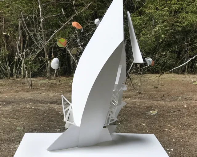 Prompt: photo of minimalist abstract cubist sculpture of curvy spaceship with random small mecha mayan decorations, covered with few large white airplane parts, gigantic size