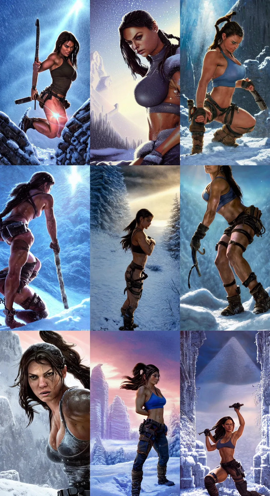 Image similar to epic portrait of muscled Mila Kunis as Lara Croft kneeling in deep snow, ancient ruins, blue hue prism, sun rays through snow, pink golden hour, wind swept snow, intricate, highly detailed, shallow depth of field, epic vista, Ralph Horsley, Daniel F. Gerhartz, Artgerm, Boris Villajo, Lilia Alvarado