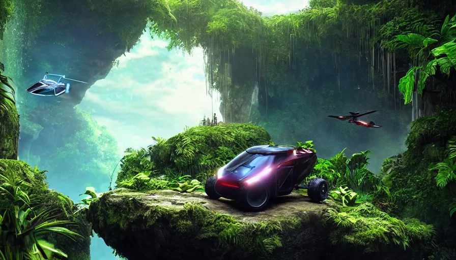 Image similar to a scifi flying car floating in a prehistoric jungle cave, lush flora, waterfall, sunset, hazy, volumetric lighting, rtx on, photorealistic render, great composition, very detailed