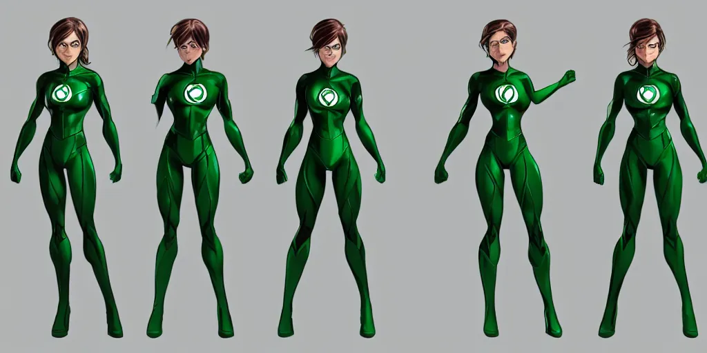 Image similar to full body exaggerated outfit, female green lantern character clean concepts by senior concept artist in the anime film, suit, powers, glowing, stronge, smooth, high detail, featured on artstation