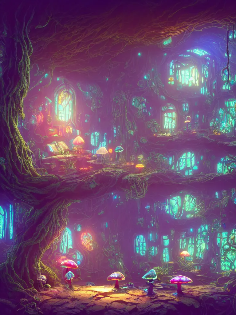 Prompt: the interior of a celestial dainty cyberpunk cottage in a bioluminescent tree trunk decorated beautifully, lots of cyberpunk design elements like toadstool mushrooms and small robots, warm sunlight shining in, lots of plants and flowers, concept art 8 k resolution, fantasy illustration, sharp focus, detailed painting, deep color, volumetric lighting, crepuscular rays