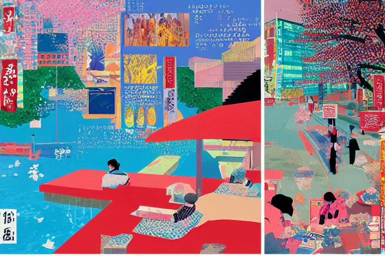 Prompt: award winning graphic design poster, photocollage art depicting a variety of japan travel, beauty, tastes, crafts and more, photocollage painting by National Geographic and David Hockney