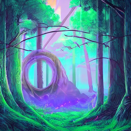 Image similar to a ancient portal to another dimension in the forest, retrowave art, vaporwave, trending on art station