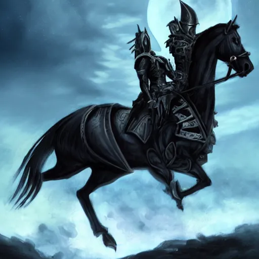 Prompt: a death knight astride a black horse