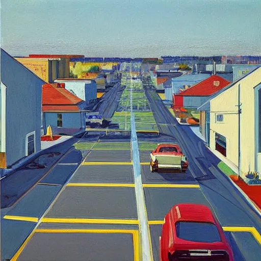 Prompt: “Wayne thiebaud painting of streets and houses”