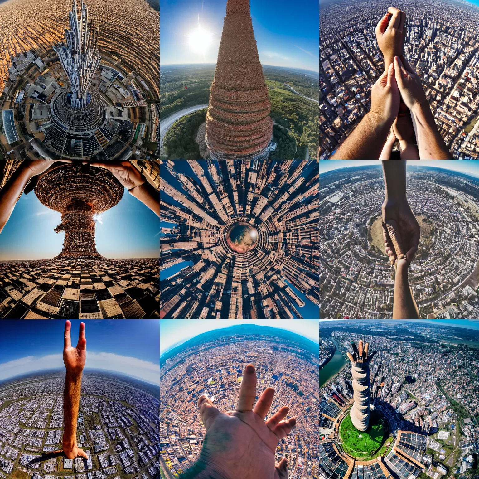 Prompt: a colossal tower made of people standing on top of each other, at the top there's a giant hand that's reaching for the sun. wide angle lens, aerial, we can see the earth in the frame.