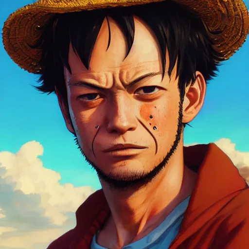 Image similar to highly detailed portrait luffy in gta v, stephen bliss, unreal engine, fantasy art by greg rutkowski, loish, rhads, ferdinand knab, makoto shinkai and lois van baarle, ilya kuvshinov, rossdraws, tom bagshaw, global illumination, radiant light, detailed and intricate environment