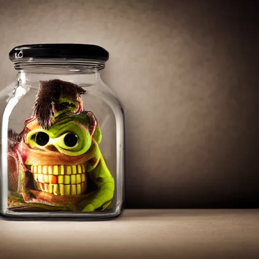 Image similar to Evil monster in a jar, product photography, centered, studio lightning