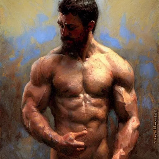 Prompt: a man with a muscular body type, painting by Gaston Bussiere, Craig Mullins
