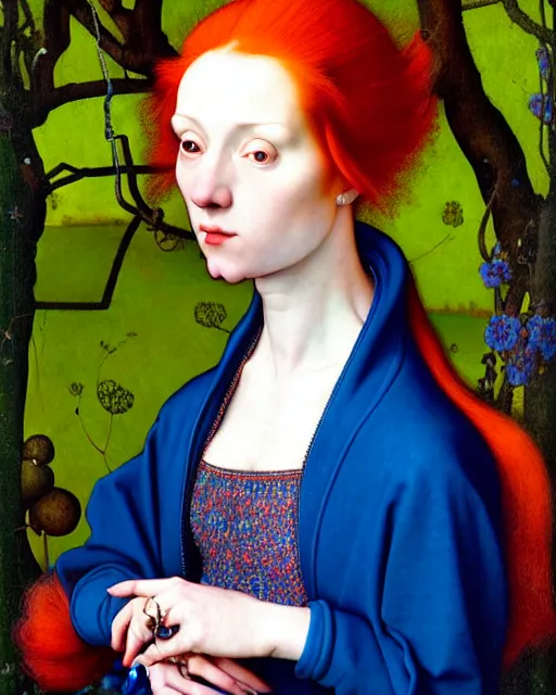 Prompt: portrait of a woman with red hair, wearing a neon blue hoodie, standing in a botanical garden, intricate details, high detail, in the style of rogier van der weyden and jacopo da pontormo, by mark ryden, punk,