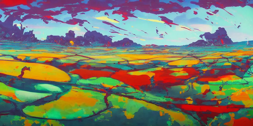 Image similar to abstract landscape painting at noon by james jean and David Schnell painted in no mans sky style