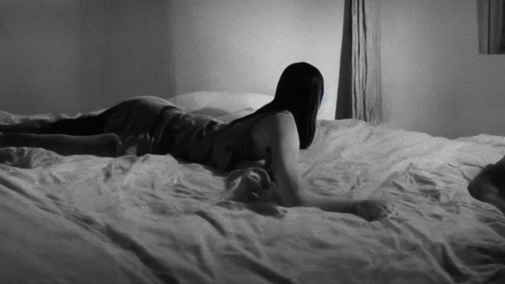 Image similar to movie still of girl having sleep paralysis, cinematic composition, cinematic light, criterion collection, by david lynch and wes craven