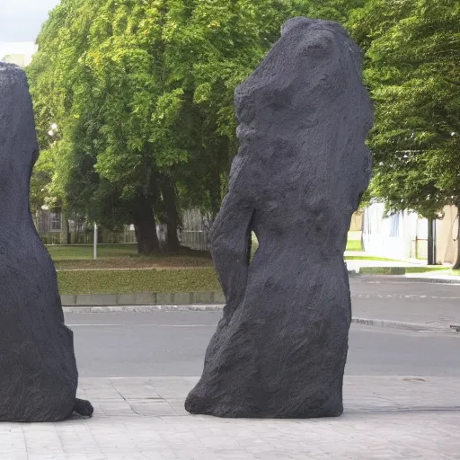 Image similar to distorted by nobuo sekine. in the center of the street art is a large gateway that seems to lead into abyss of darkness. on either side of the gateway are two figures, one a demon - like creature, the other a skeletal figure.