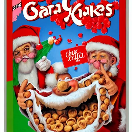 Image similar to grotesque cover illustration on a box of evil Santa kids' sugar cereal