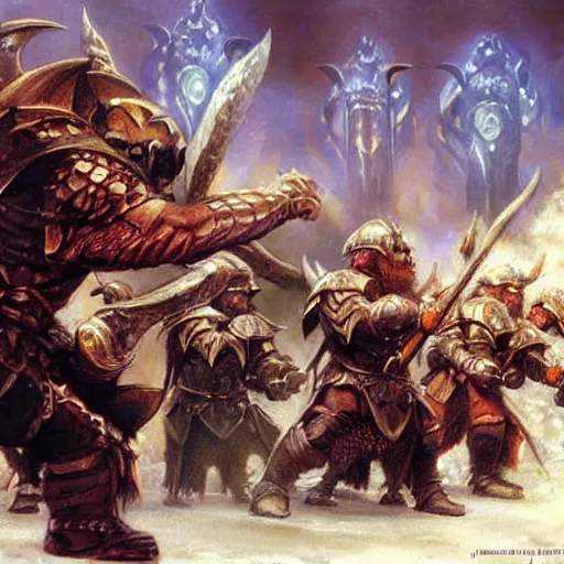 Prompt: Dwarven iron guard fighting a dragon. Thorin. The lord of the rings. Epic painting by james gurney.